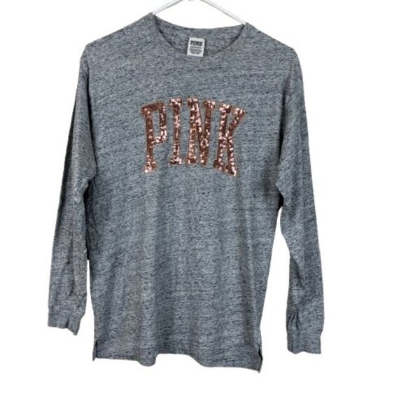 PINK Sequin Spellout Bling Tee Heathered Gray Size XS - Picture 1 of 6